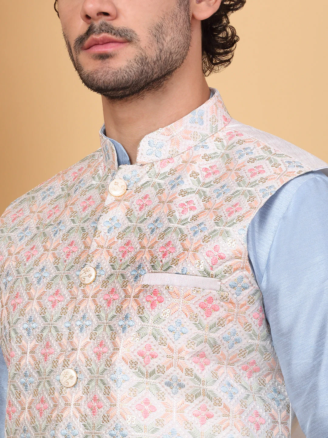 LUXE- Silk Blend Cream Floral Embroidered Sleeveless Nehru Jacket - Image 3