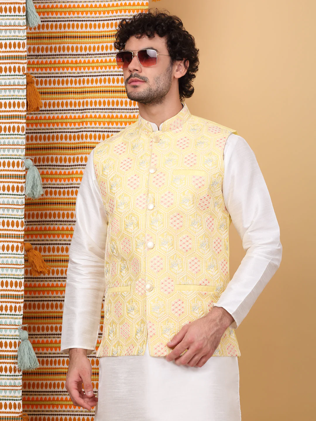 LUXE- Silk Blend Floral Geometric Embroidered Sleeveless Nehru Jacket - Image 129