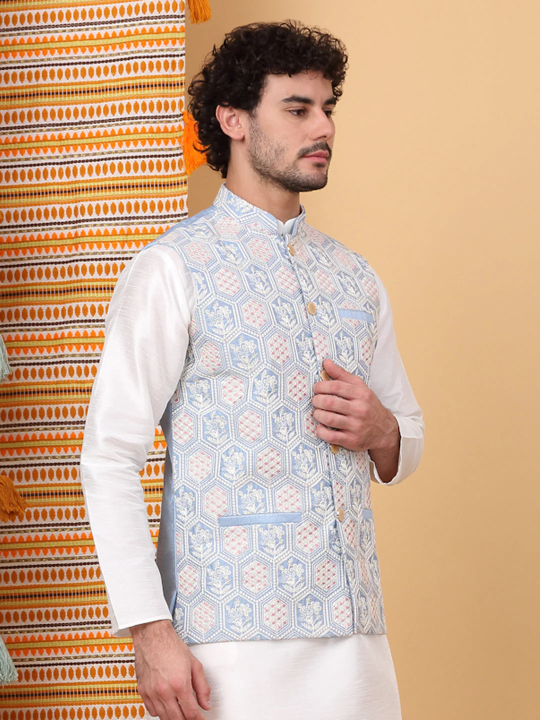LUXE- Silk Blend Floral Geometric Embroidered Sleeveless Nehru Jacket - Image 14