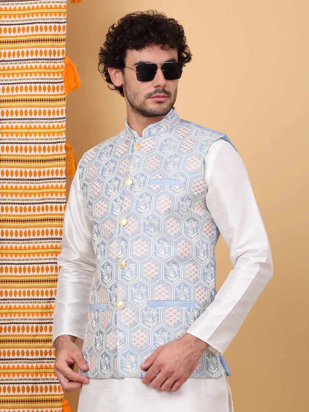 LUXE- Silk Blend Floral Geometric Embroidered Sleeveless Nehru Jacket - Image 179