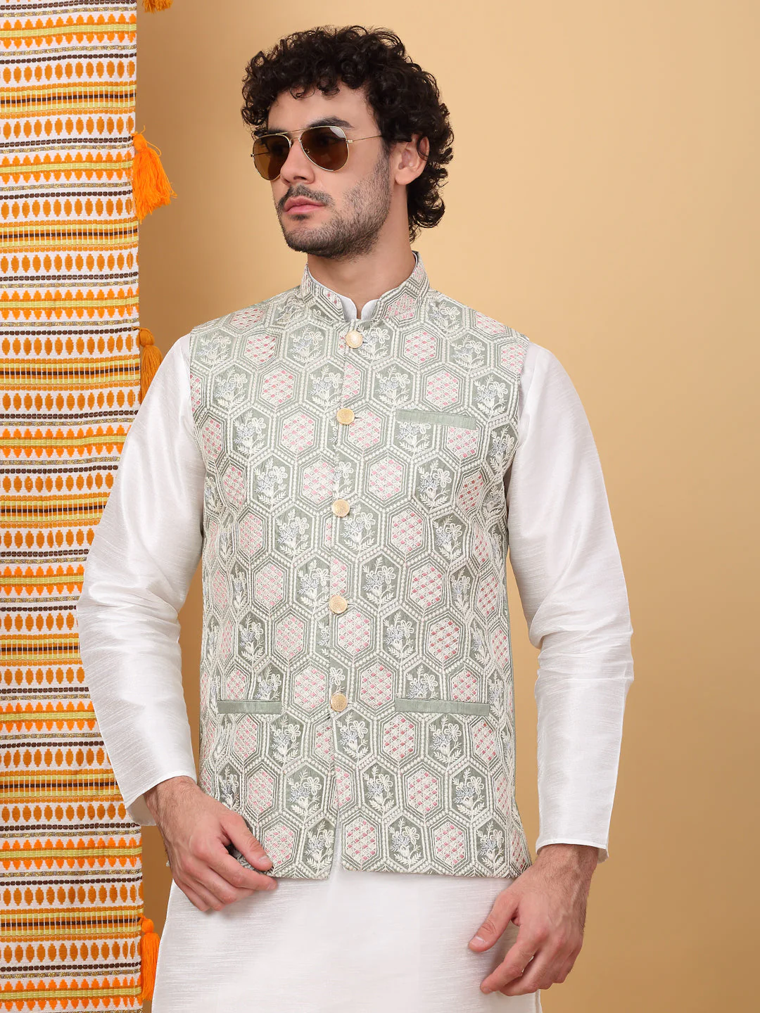 LUXE- Silk Blend Floral Geometric Embroidered Sleeveless Nehru Jacket - Image 209