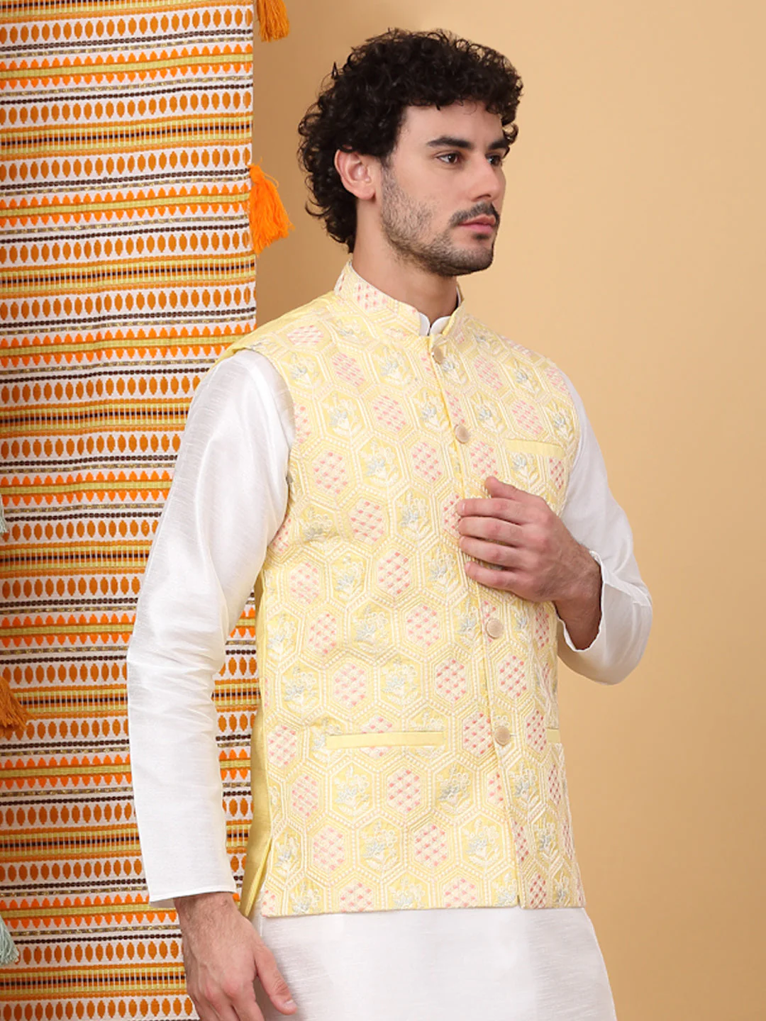 LUXE- Silk Blend Floral Geometric Embroidered Sleeveless Nehru Jacket - Image 4
