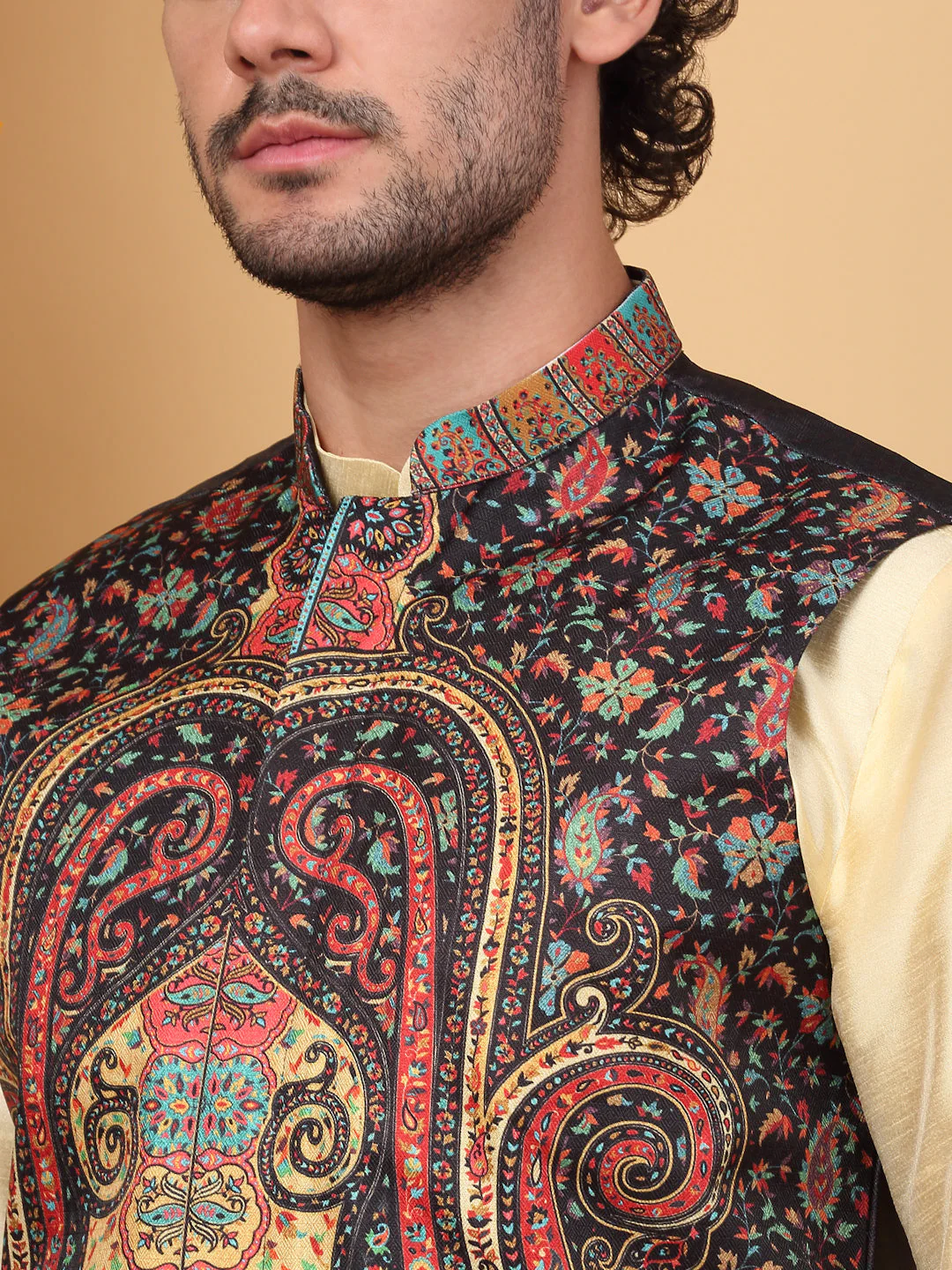 LUXE- Silk Blend Paisley Kashmiri Printed Sleeveless Nehru Jacket - Image 3