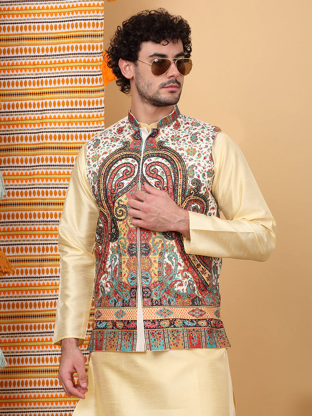 LUXE- Silk Blend Paisley Kashmiri Printed Sleeveless Nehru Jacket - Image 35
