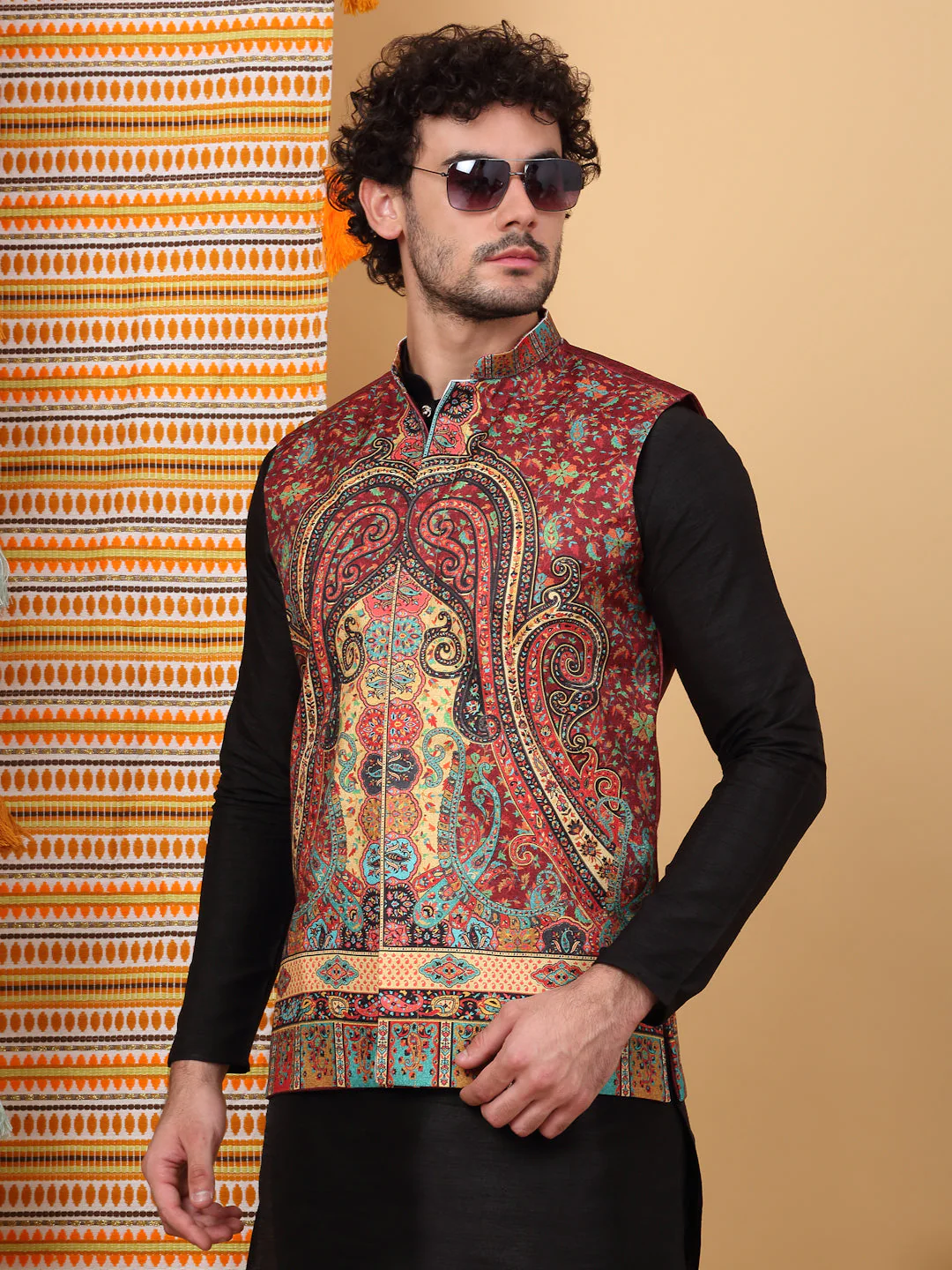 LUXE- Silk Blend Paisley Kashmiri Printed Sleeveless Nehru Jacket - Image 41