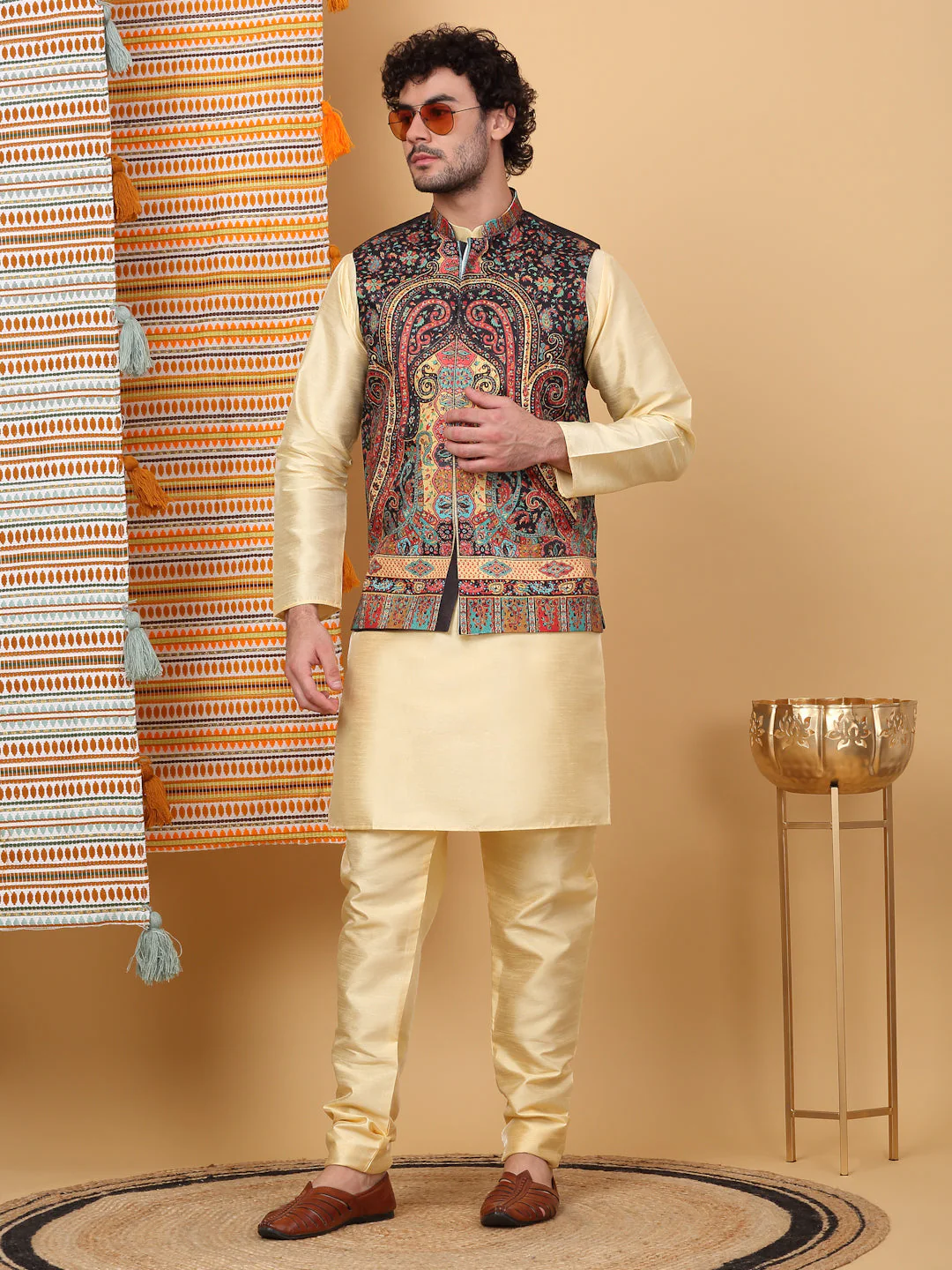 LUXE- Silk Blend Paisley Kashmiri Printed Sleeveless Nehru Jacket - Image 5