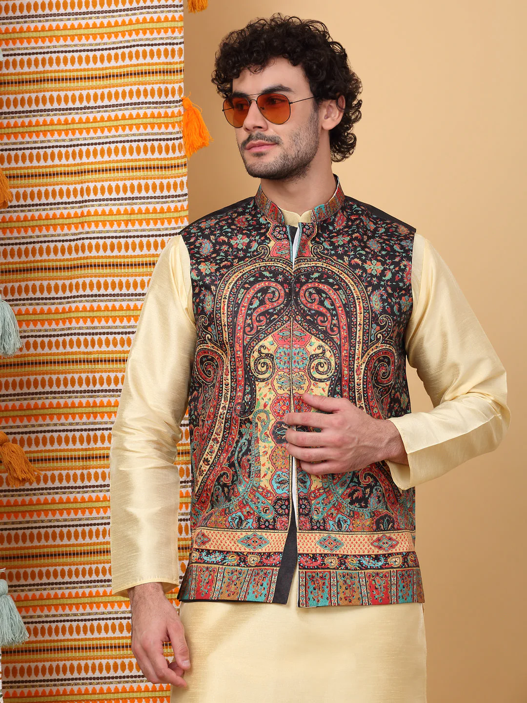 LUXE- Silk Blend Paisley Kashmiri Printed Sleeveless Nehru Jacket - Image 54