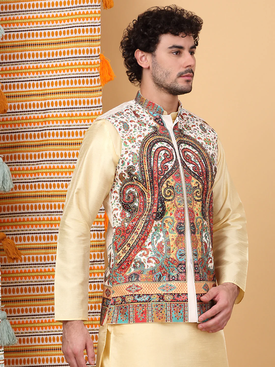 LUXE- Silk Blend Paisley Kashmiri Printed Sleeveless Nehru Jacket - Image 9
