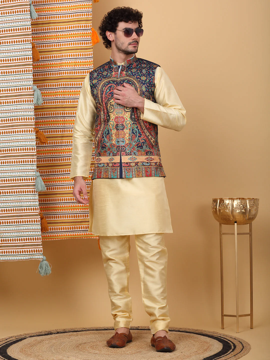 LUXE- Silk Blend Solid Knee Length Beige Kurta Churidar With Paisley Kashmiri Print Nehru Jacket Set - Image 28