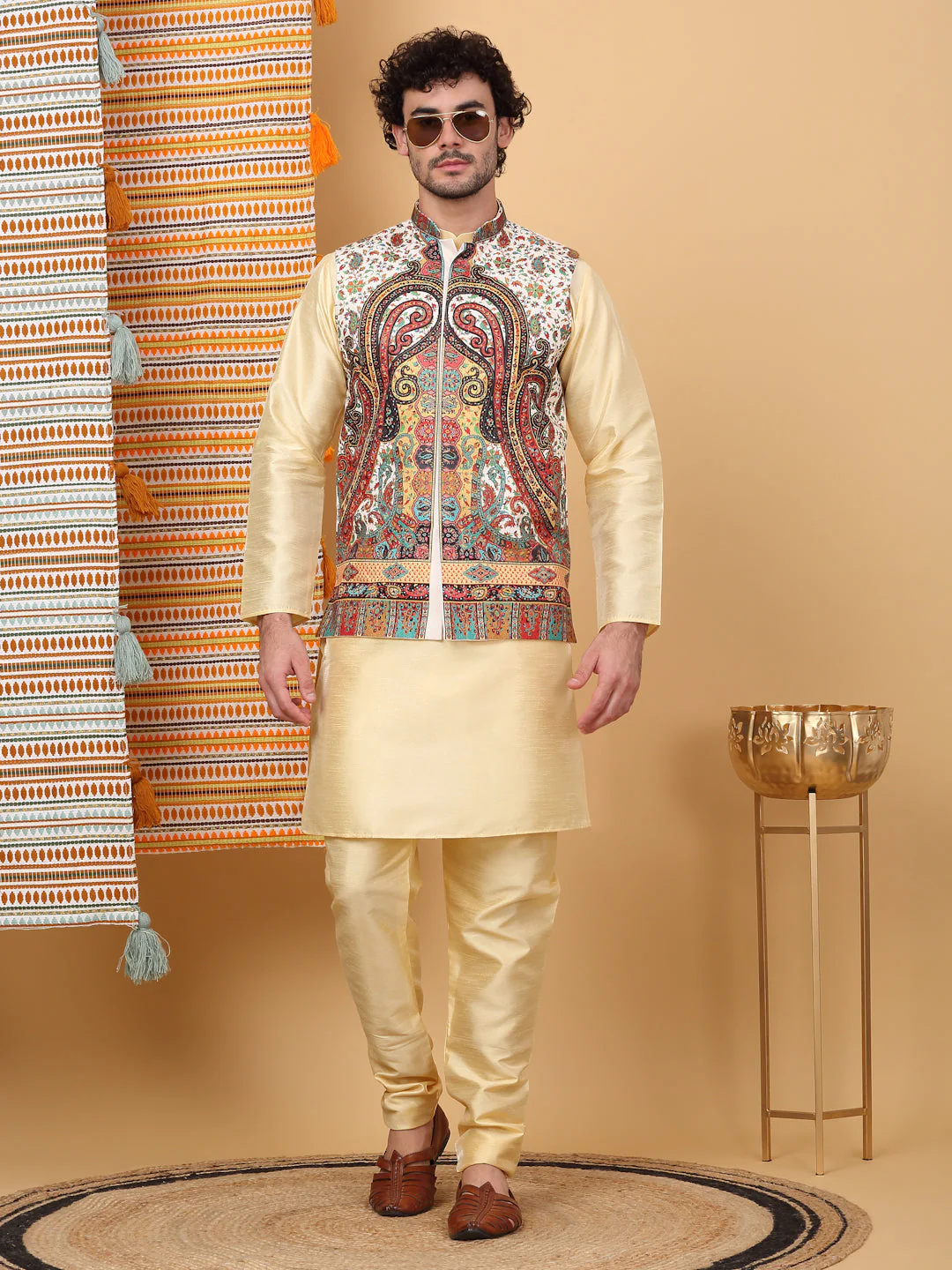 LUXE- Silk Blend Solid Knee Length Beige Kurta Churidar With Paisley Kashmiri Print Nehru Jacket Set - Image 45