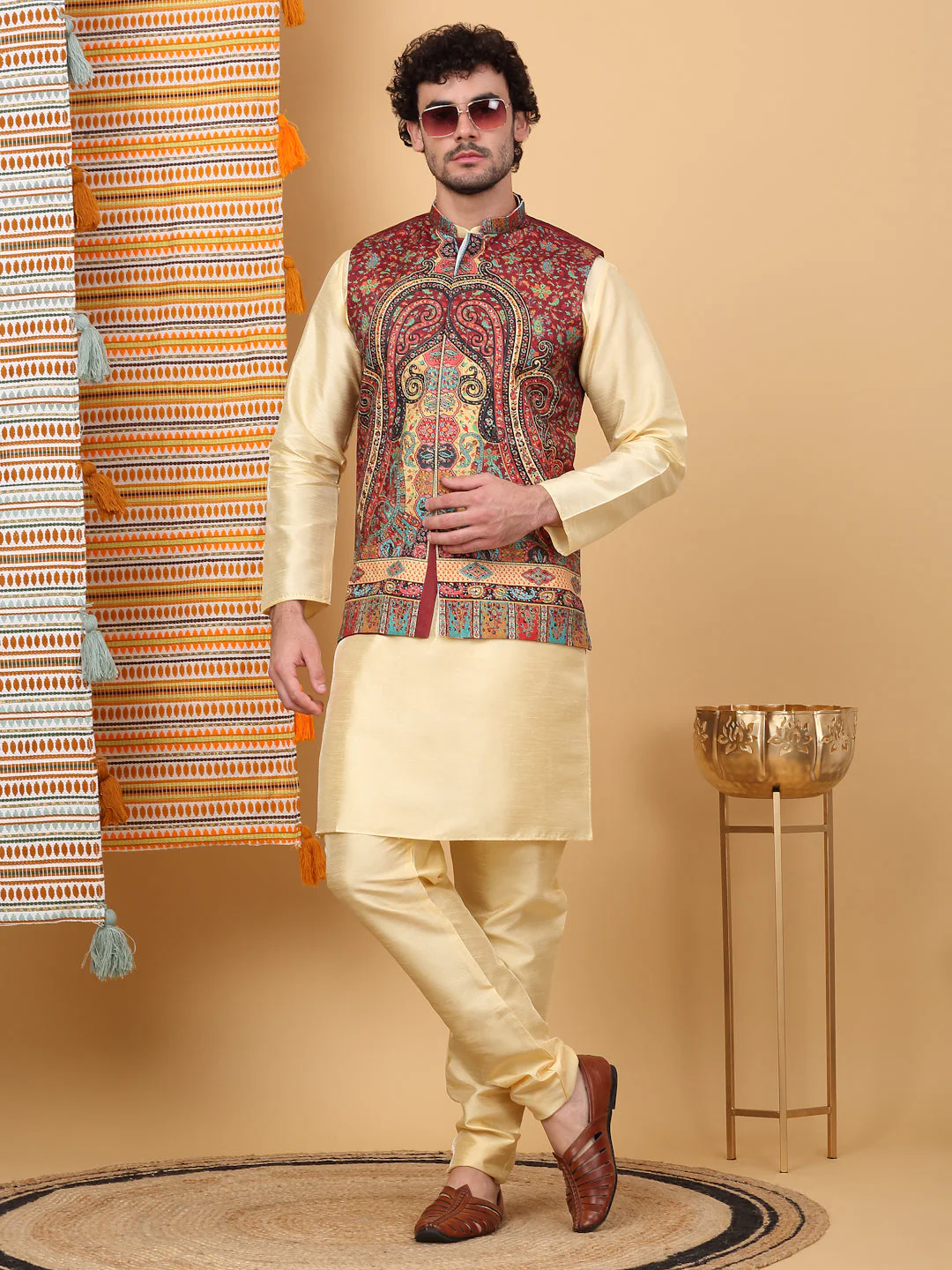 LUXE- Silk Blend Solid Knee Length Beige Kurta Churidar With Paisley Kashmiri Print Nehru Jacket Set - Image 52