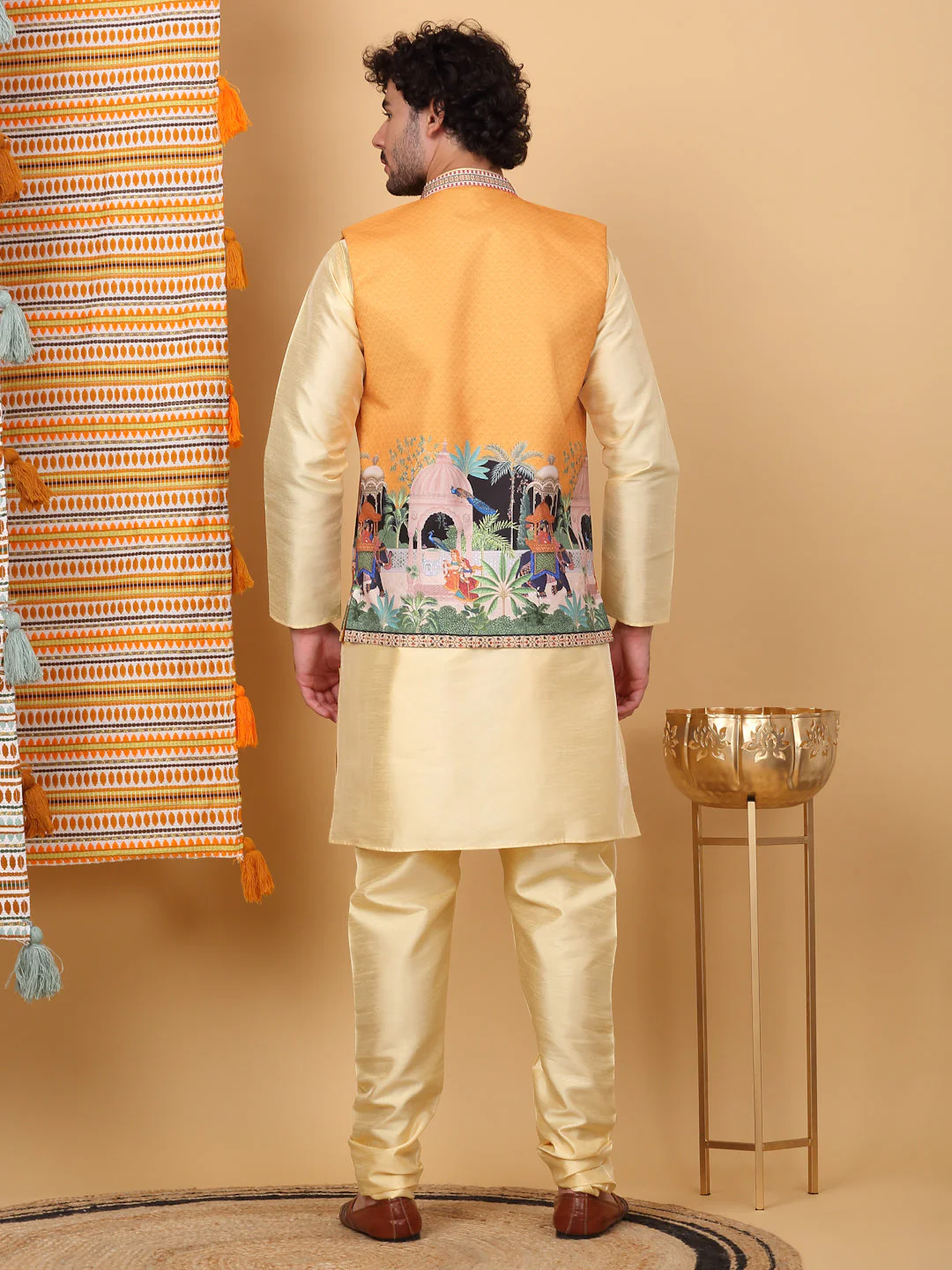 LUXE- Silk Blend Solid Knee Length Beige Kurta Churidar With Printed Silk Blend Nehru Jacket Set - Image 10