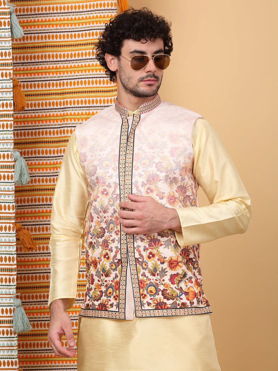 LUXE- Silk Blend Solid Knee Length Beige Kurta Churidar With Printed Silk Blend Nehru Jacket Set - Image 4