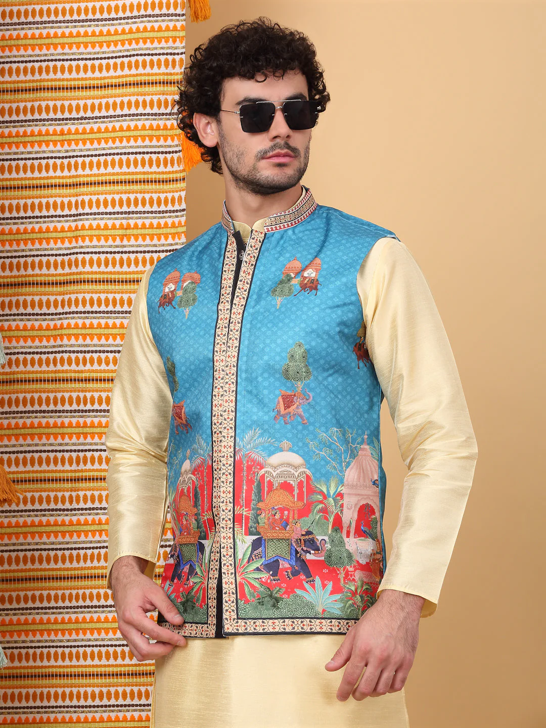 LUXE- Silk Blend Solid Knee Length Beige Kurta Churidar With Printed Silk Blend Nehru Jacket Set - Image 8