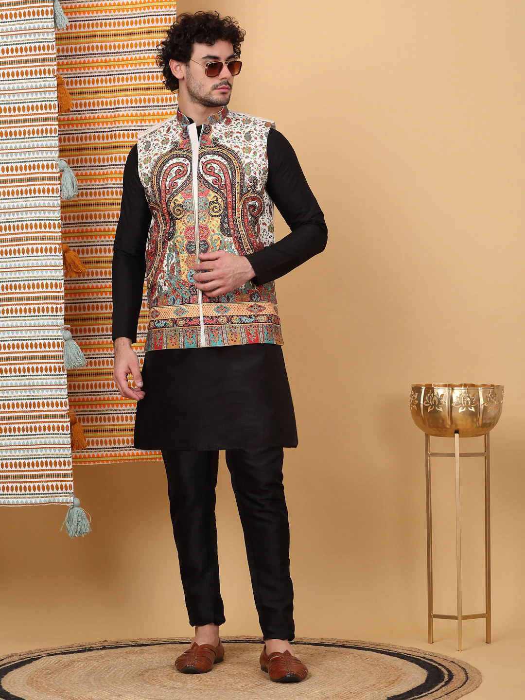 LUXE- Silk Blend Solid Knee Length Black Kurta Churidar With Paisley Kashmiri Print Nehru Jacket Set - Image 37