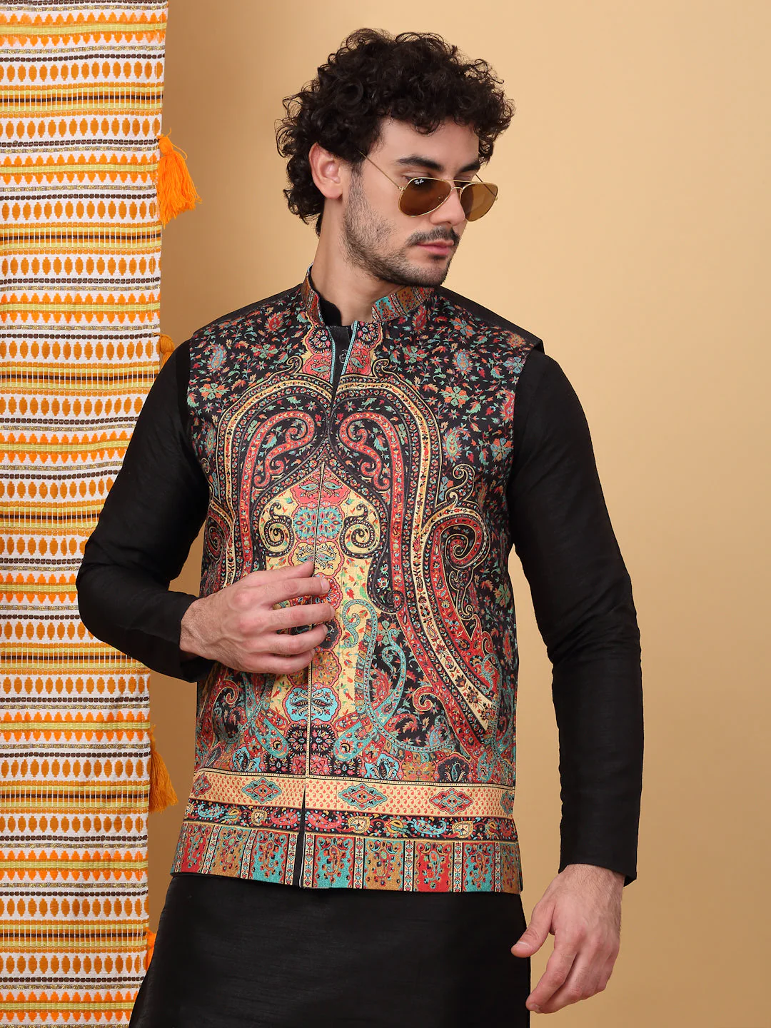 LUXE- Silk Blend Solid Knee Length Black Kurta Churidar With Paisley Kashmiri Print Nehru Jacket Set - Image 4