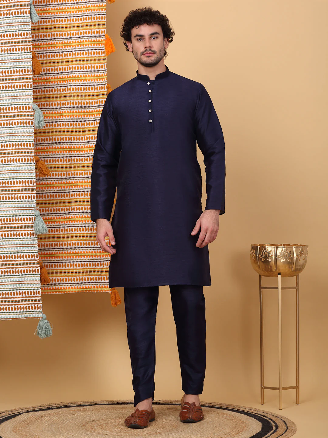 LUXE- Silk Blend Solid Knee Length Blue Kurta Churidar With Paisley Kashmiri Print Nehru Jacket Set - Image 5