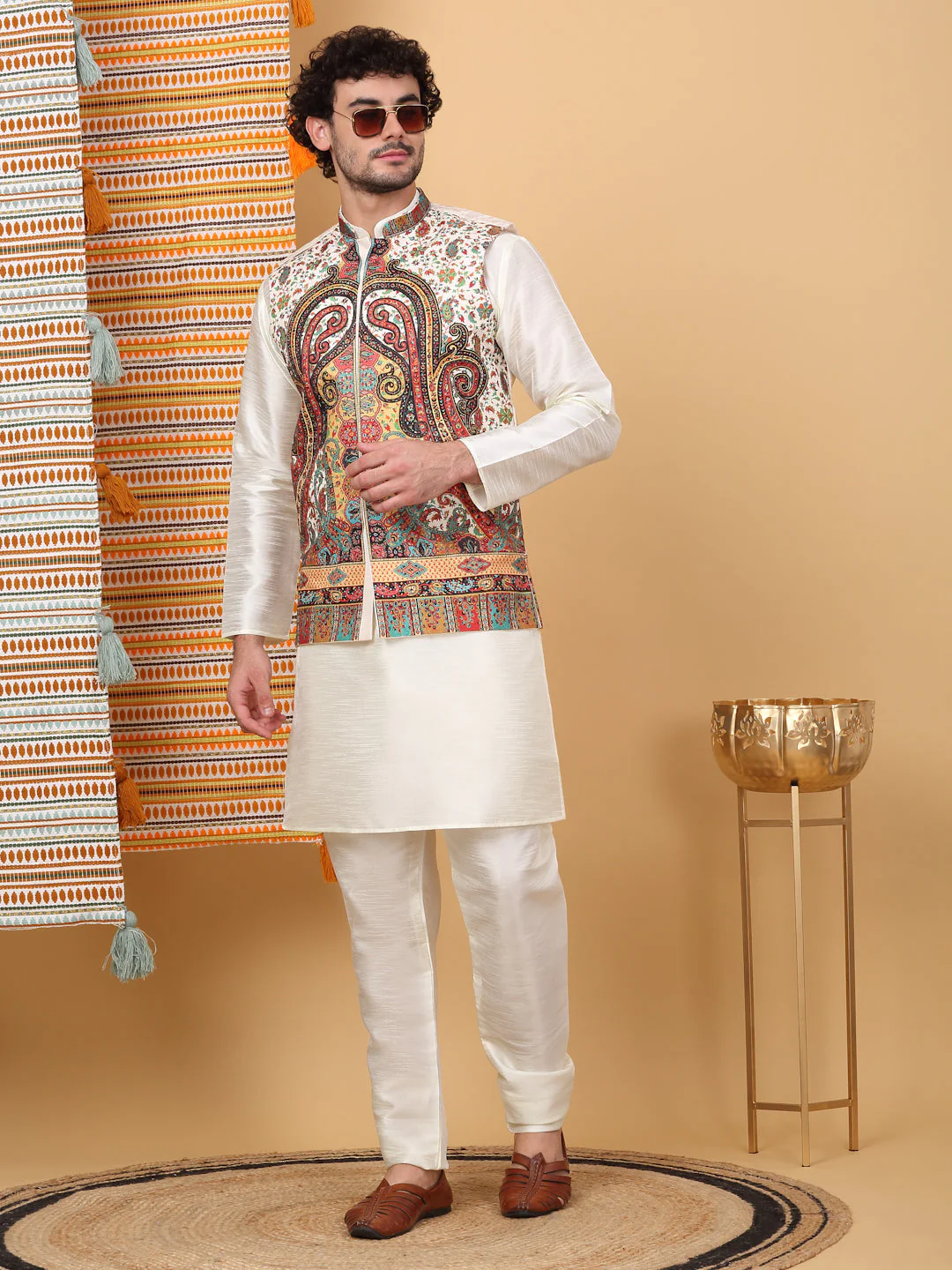 LUXE- Silk Blend Solid Knee Length Cream Kurta Churidar With Paisley Kashmiri Print Nehru Jacket Set - Image 109