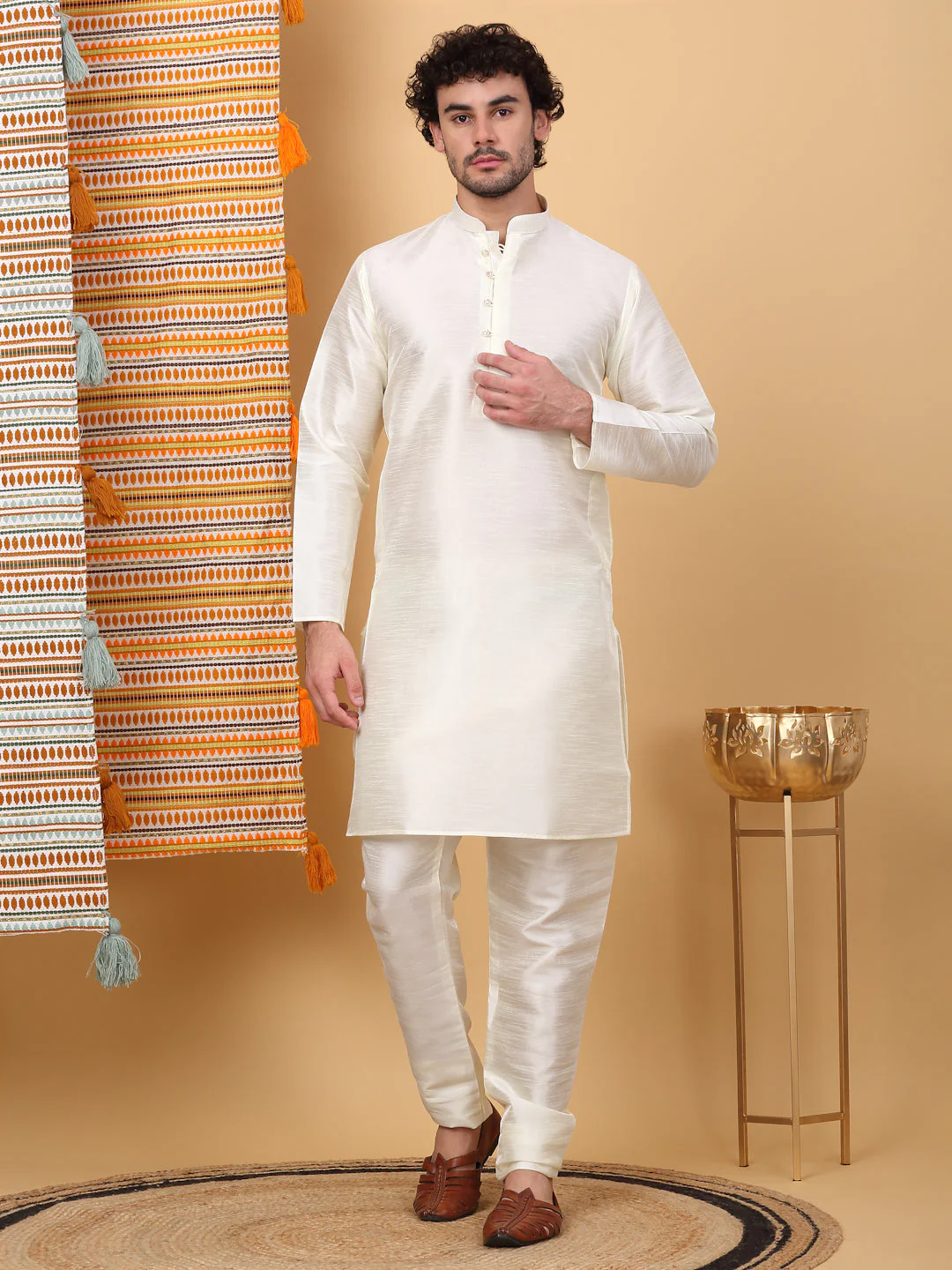 LUXE- Silk Blend Solid Knee Length Cream Kurta Churidar With Paisley Kashmiri Print Nehru Jacket Set - Image 15