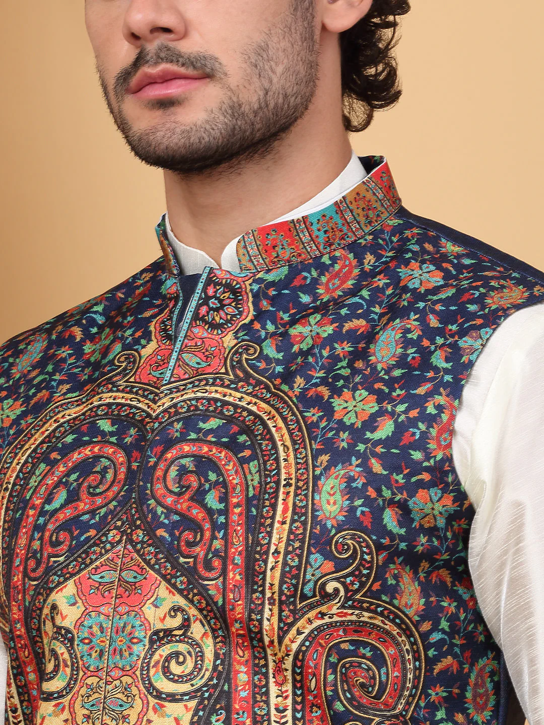 LUXE- Silk Blend Solid Knee Length Cream Kurta Churidar With Paisley Kashmiri Print Nehru Jacket Set - Image 18