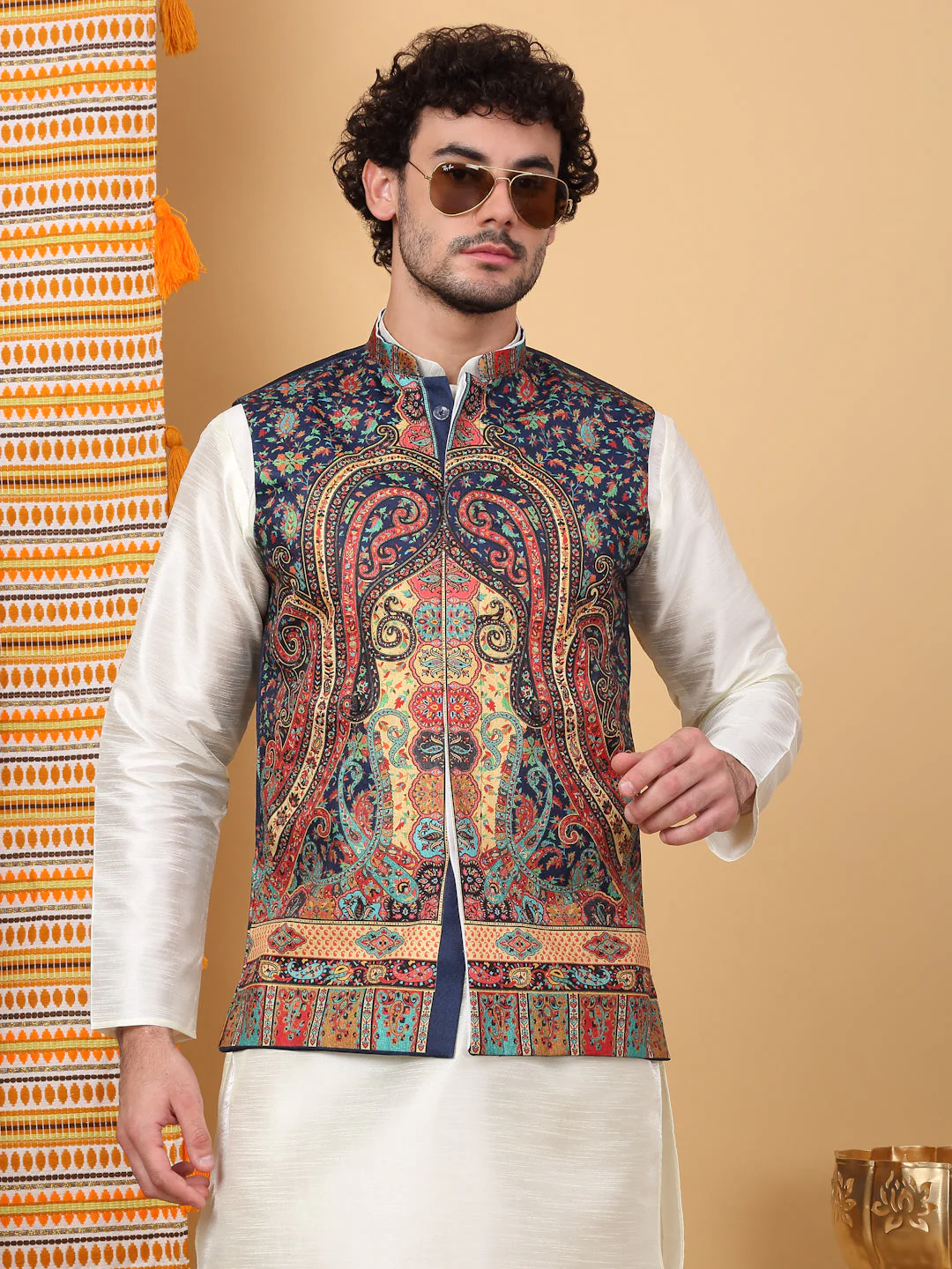 LUXE- Silk Blend Solid Knee Length Cream Kurta Churidar With Paisley Kashmiri Print Nehru Jacket Set - Image 19