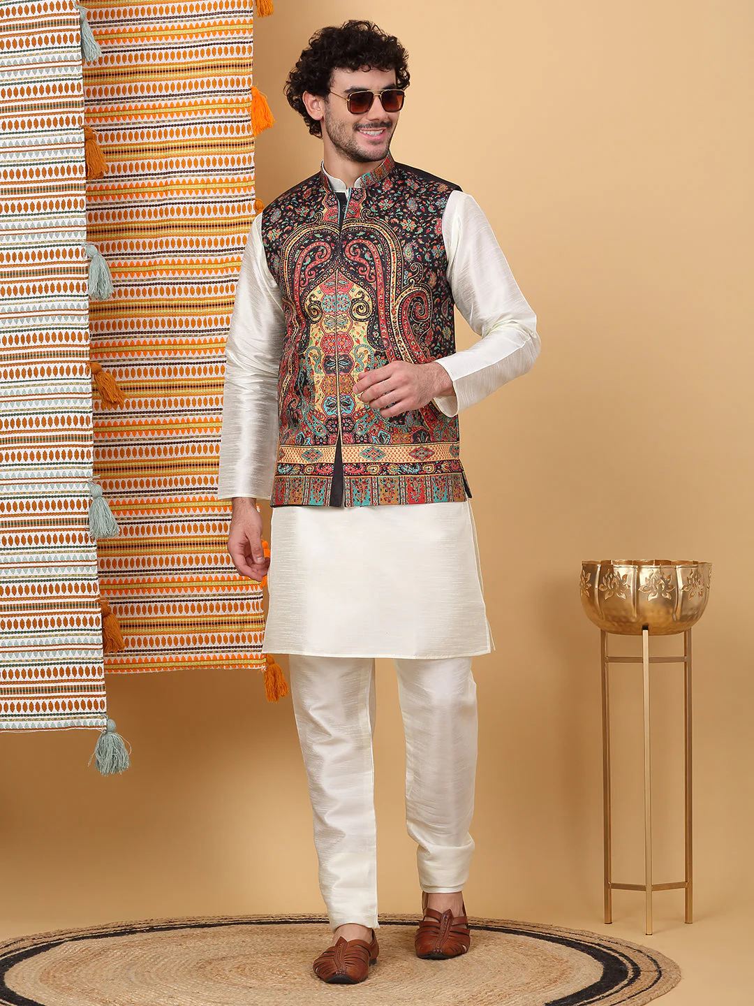 LUXE- Silk Blend Solid Knee Length Cream Kurta Churidar With Paisley Kashmiri Print Nehru Jacket Set - Image 196