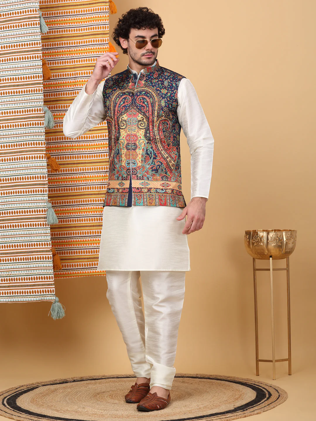 LUXE- Silk Blend Solid Knee Length Cream Kurta Churidar With Paisley Kashmiri Print Nehru Jacket Set - Image 42