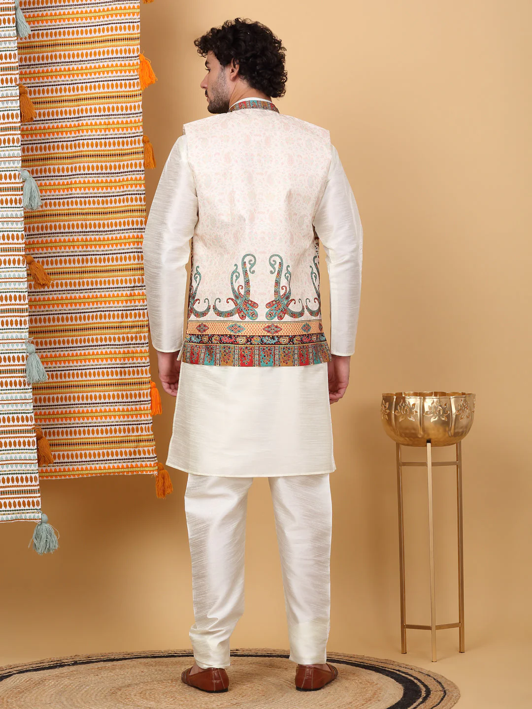 LUXE- Silk Blend Solid Knee Length Cream Kurta Churidar With Paisley Kashmiri Print Nehru Jacket Set - Image 7