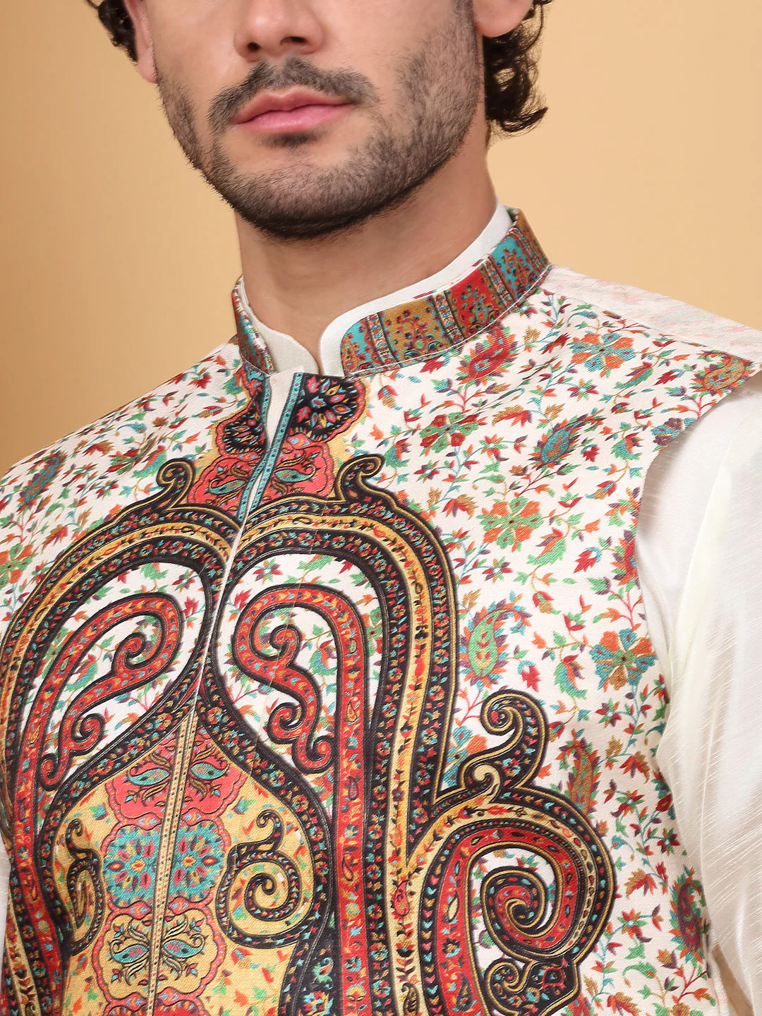 LUXE- Silk Blend Solid Knee Length Cream Kurta Churidar With Paisley Kashmiri Print Nehru Jacket Set - Image 8