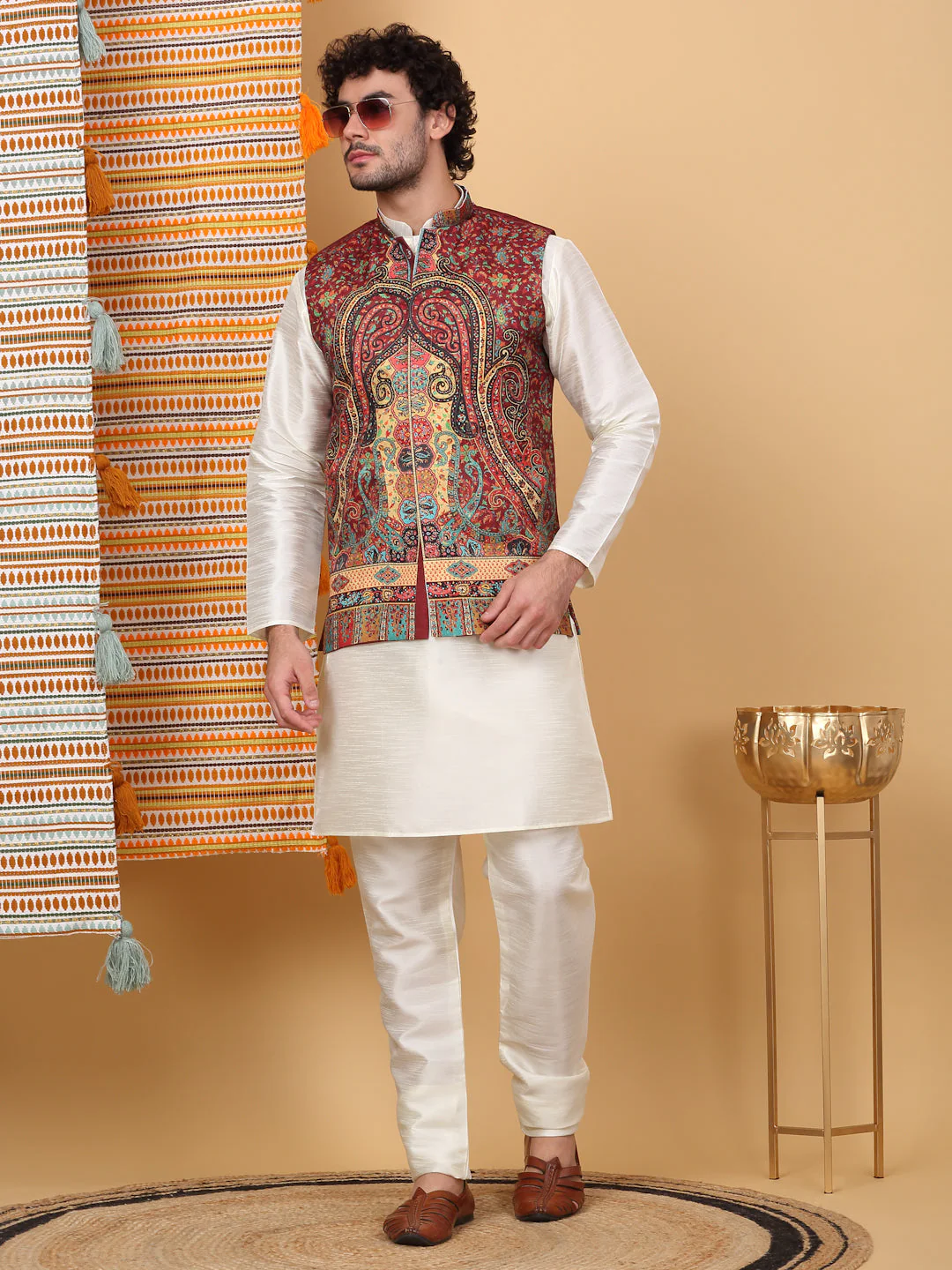 LUXE- Silk Blend Solid Knee Length Cream Kurta Churidar With Paisley Kashmiri Print Nehru Jacket Set - Image 98