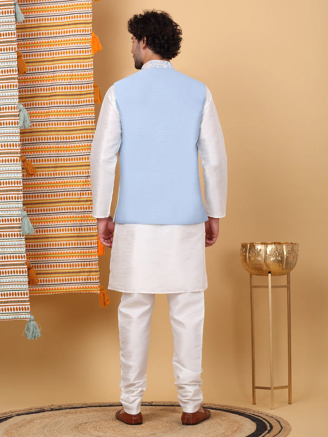 LUXE- Silk Blend Solid Knee Length Kurta Churidar With Floral Geometric Embroidered Nehru Jacket Set - Image 12
