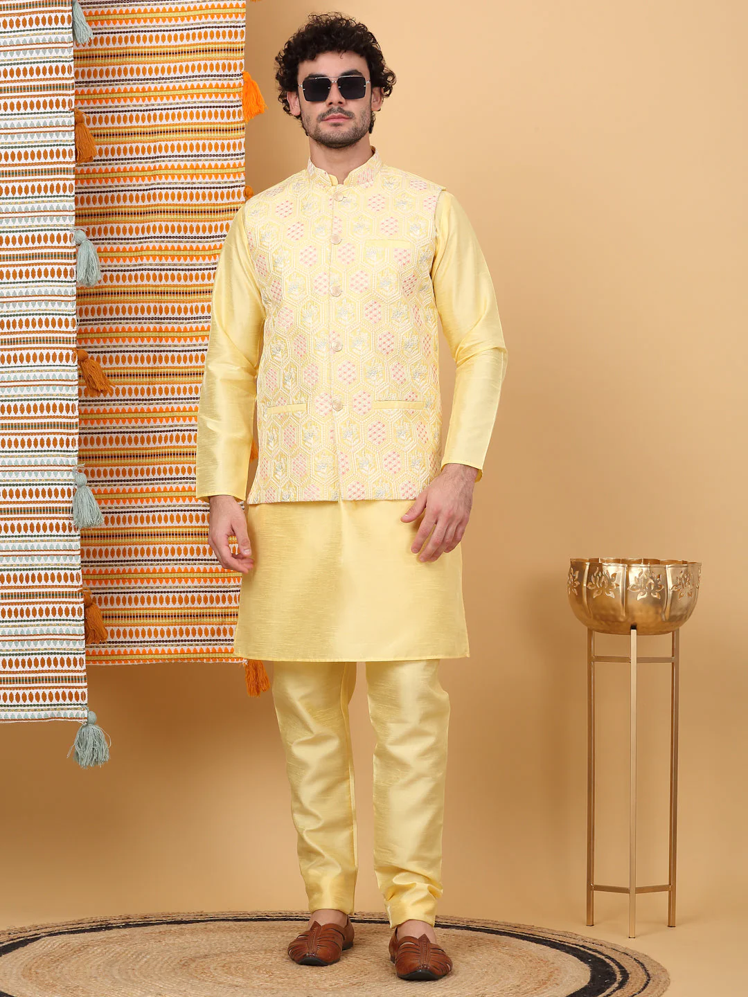 LUXE- Silk Blend Solid Knee Length Kurta Churidar With Floral Geometric Embroidered Nehru Jacket Set - Image 135