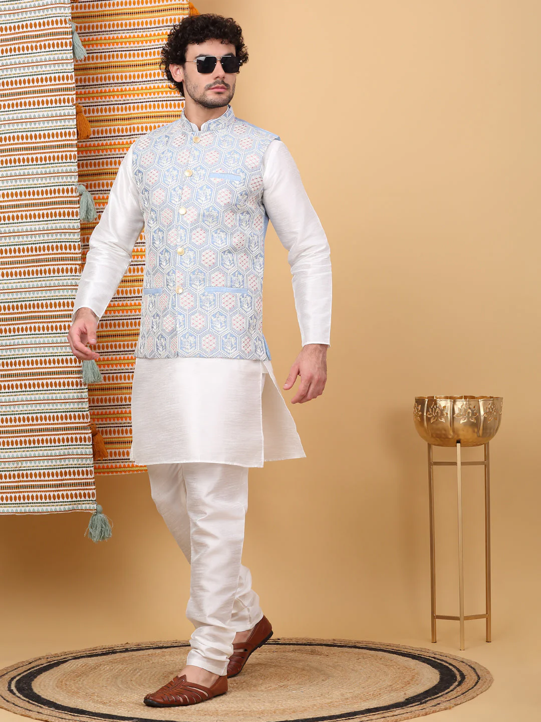 LUXE- Silk Blend Solid Knee Length Kurta Churidar With Floral Geometric Embroidered Nehru Jacket Set - Image 140