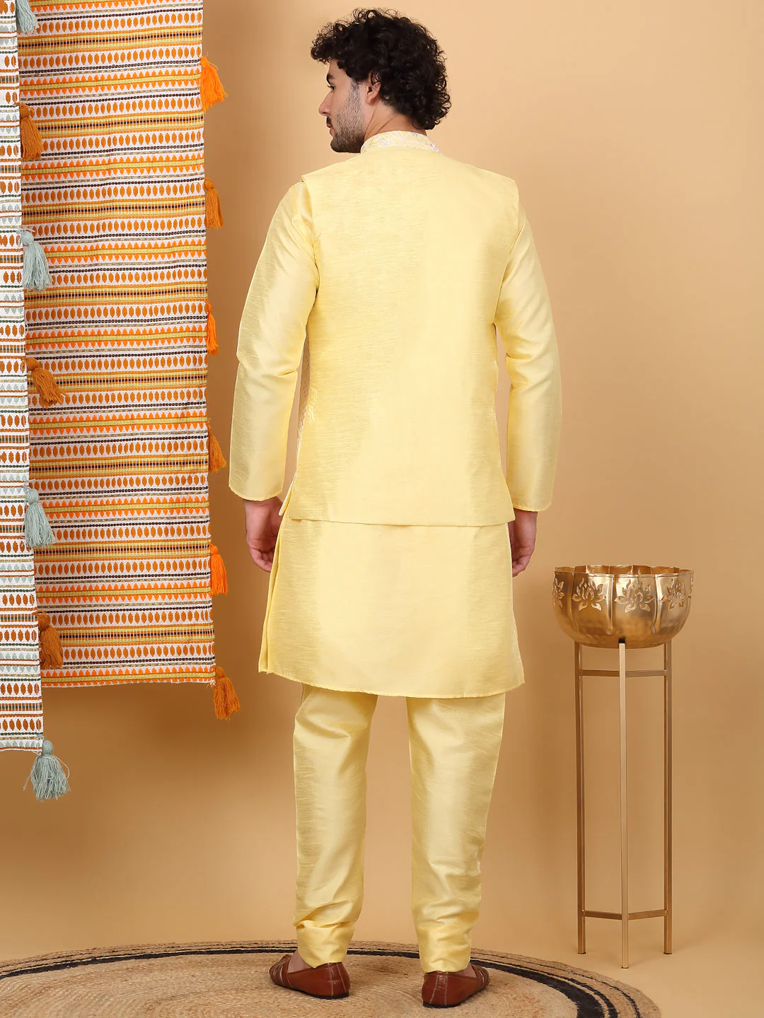 LUXE- Silk Blend Solid Knee Length Kurta Churidar With Floral Geometric Embroidered Nehru Jacket Set - Image 17