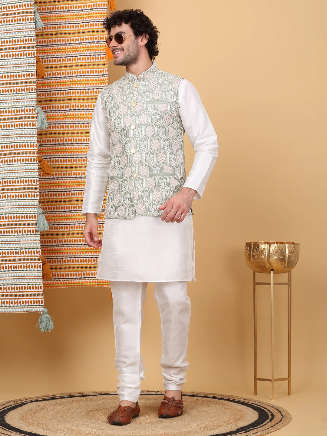 LUXE- Silk Blend Solid Knee Length Kurta Churidar With Floral Geometric Embroidered Nehru Jacket Set - Image 183