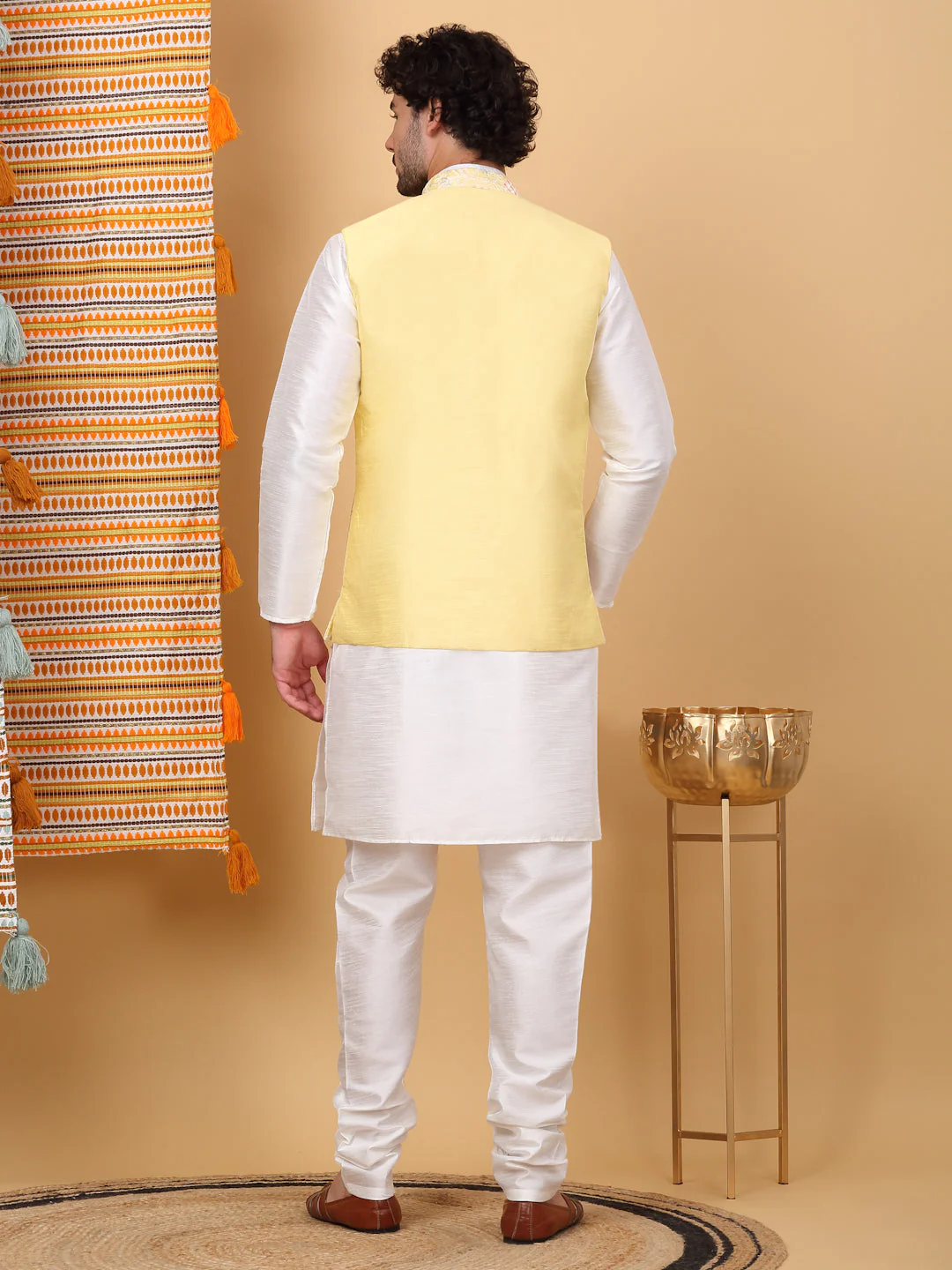 LUXE- Silk Blend Solid Knee Length Kurta Churidar With Floral Geometric Embroidered Nehru Jacket Set - Image 2