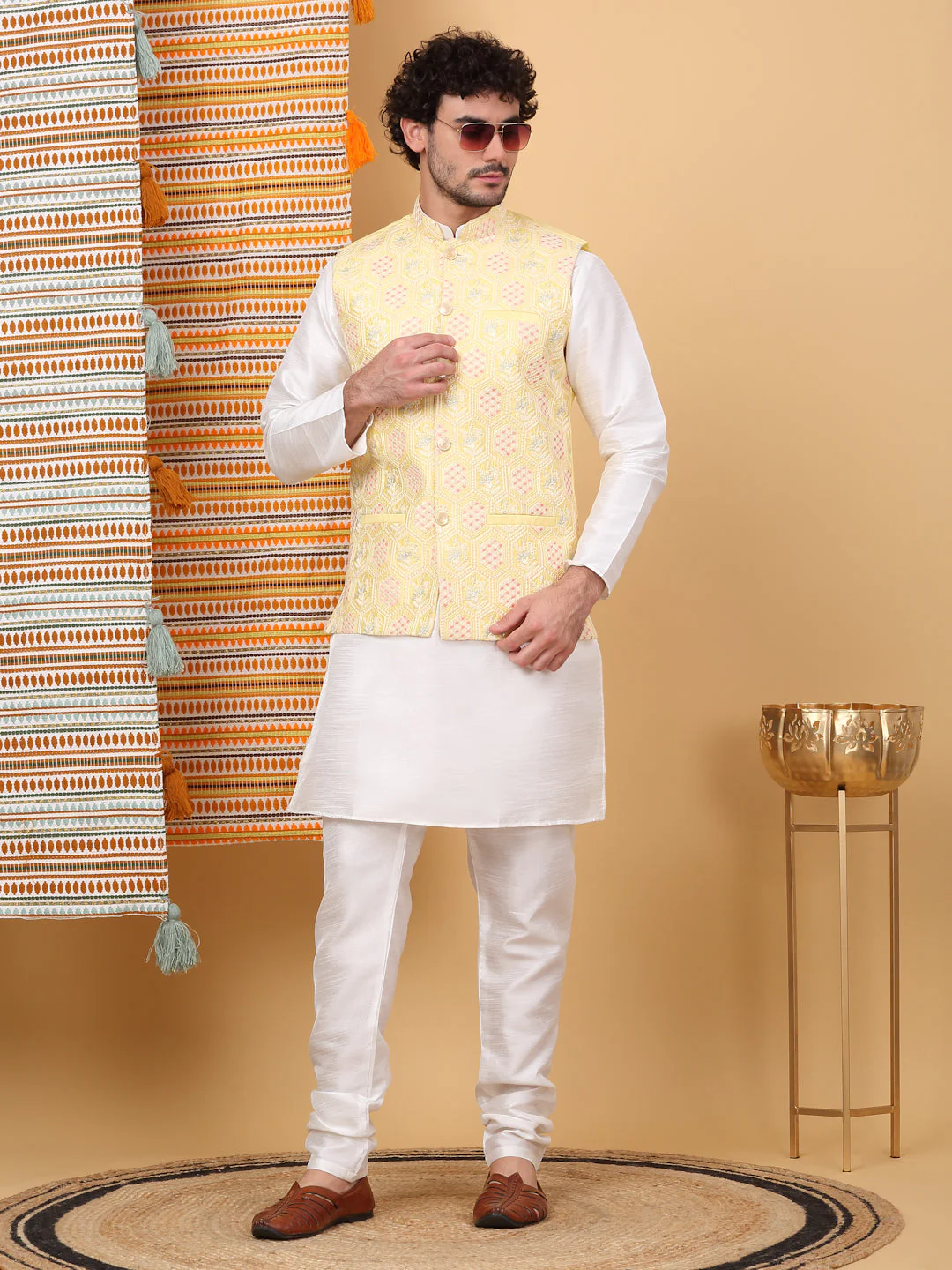 LUXE- Silk Blend Solid Knee Length Kurta Churidar With Floral Geometric Embroidered Nehru Jacket Set - Image 211