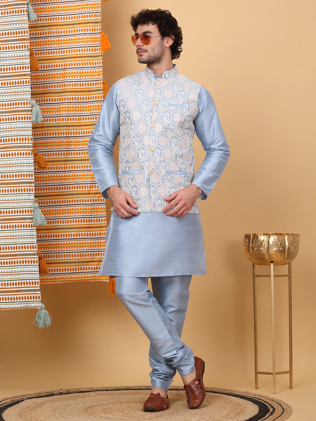 LUXE- Silk Blend Solid Knee Length Kurta Churidar With Floral Geometric Embroidered Nehru Jacket Set - Image 26