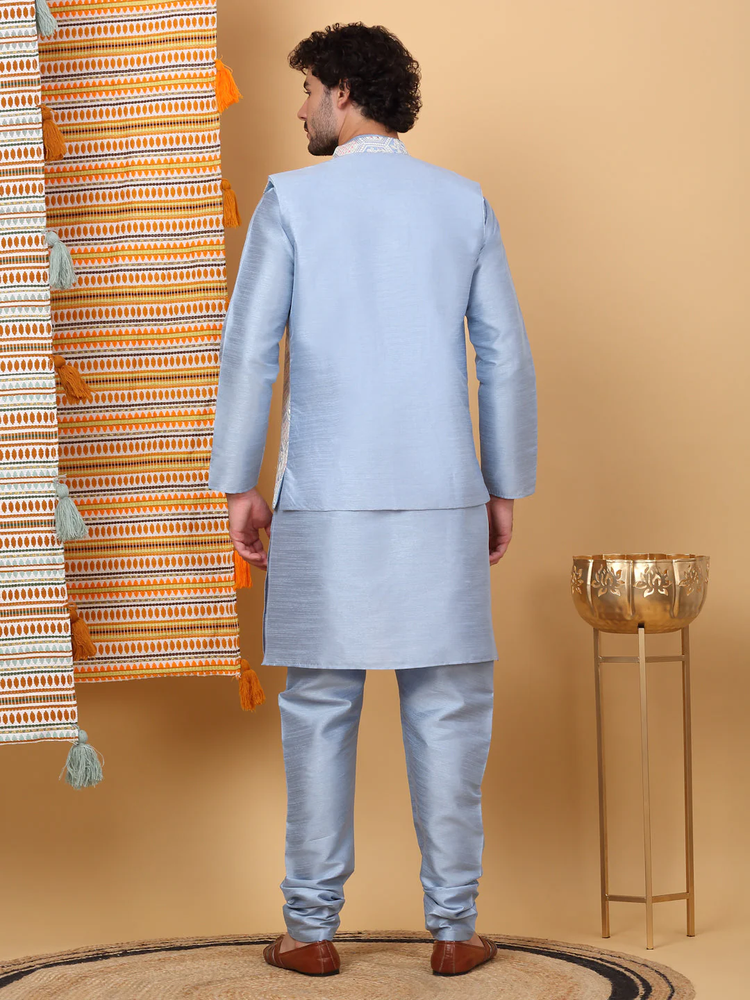 LUXE- Silk Blend Solid Knee Length Kurta Churidar With Floral Geometric Embroidered Nehru Jacket Set - Image 27