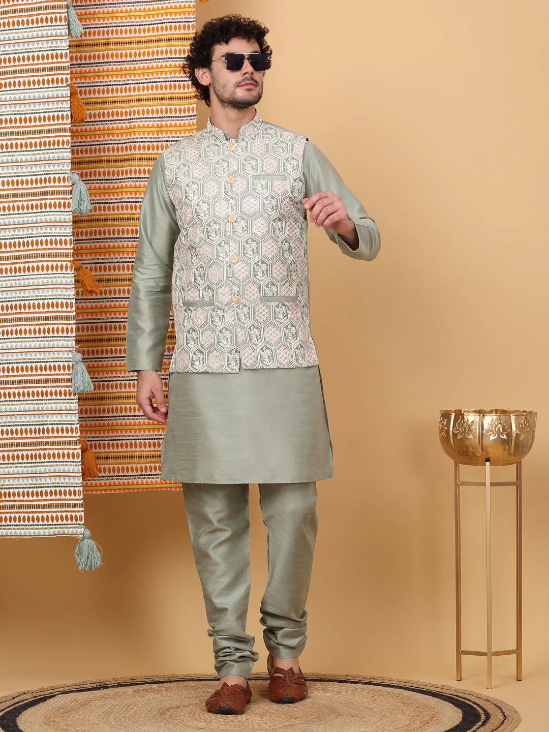 LUXE- Silk Blend Solid Knee Length Kurta Churidar With Floral Geometric Embroidered Nehru Jacket Set - Image 61