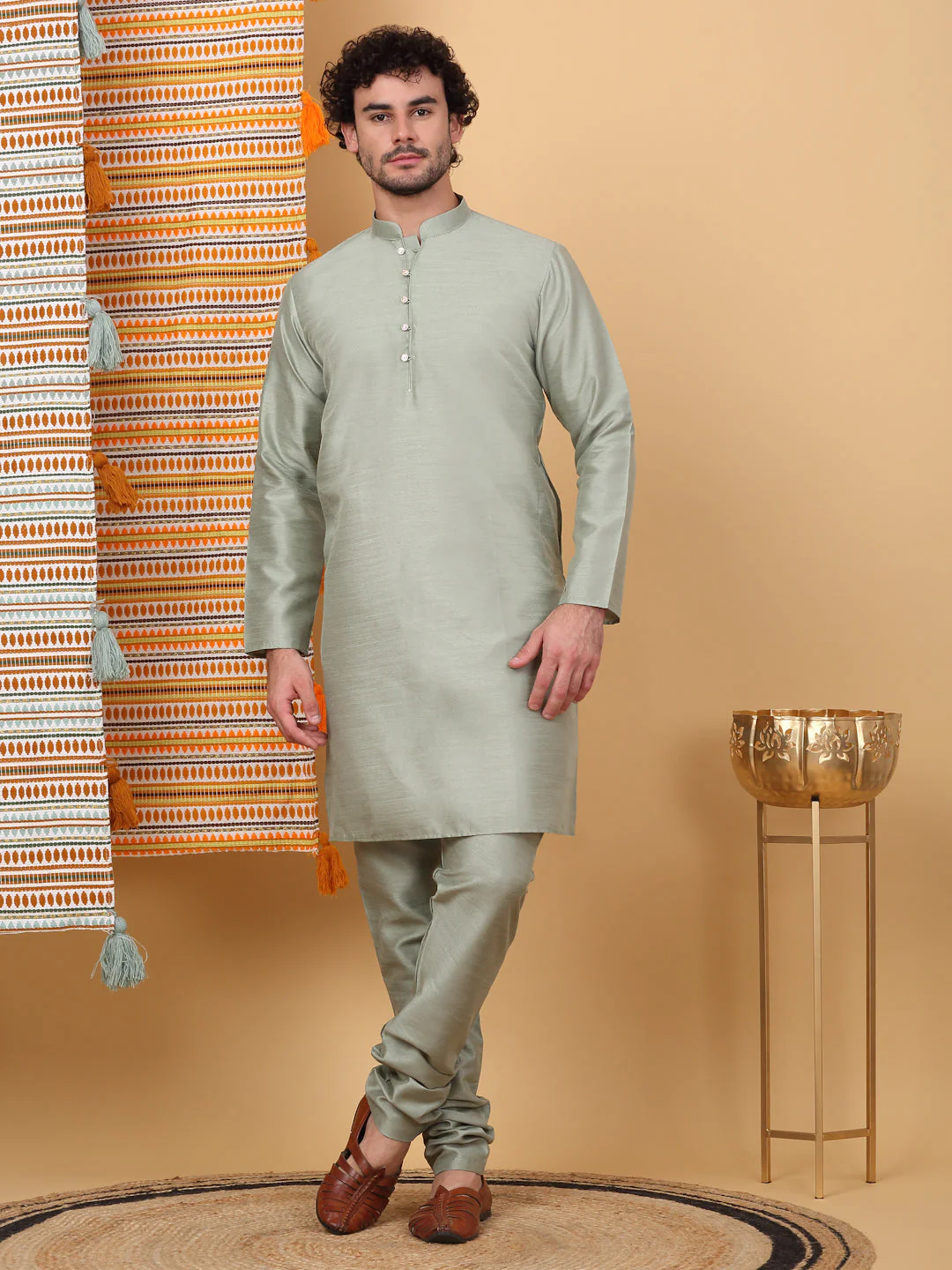 LUXE- Silk Blend Straight Kurta Churidar Set with Embroidered Floral Cream Nehru Jacket - Image 10