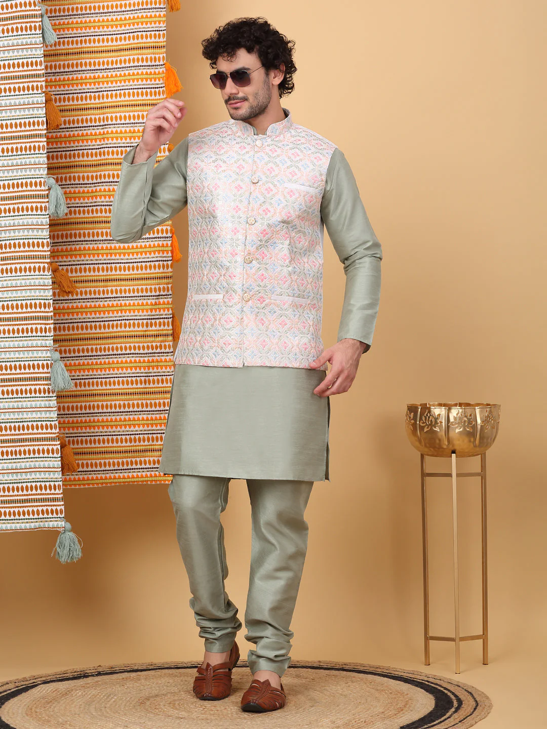 LUXE- Silk Blend Straight Kurta Churidar Set with Embroidered Floral Cream Nehru Jacket - Image 139
