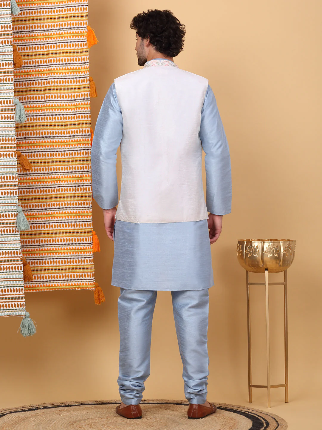 LUXE- Silk Blend Straight Kurta Churidar Set with Embroidered Floral Cream Nehru Jacket - Image 17