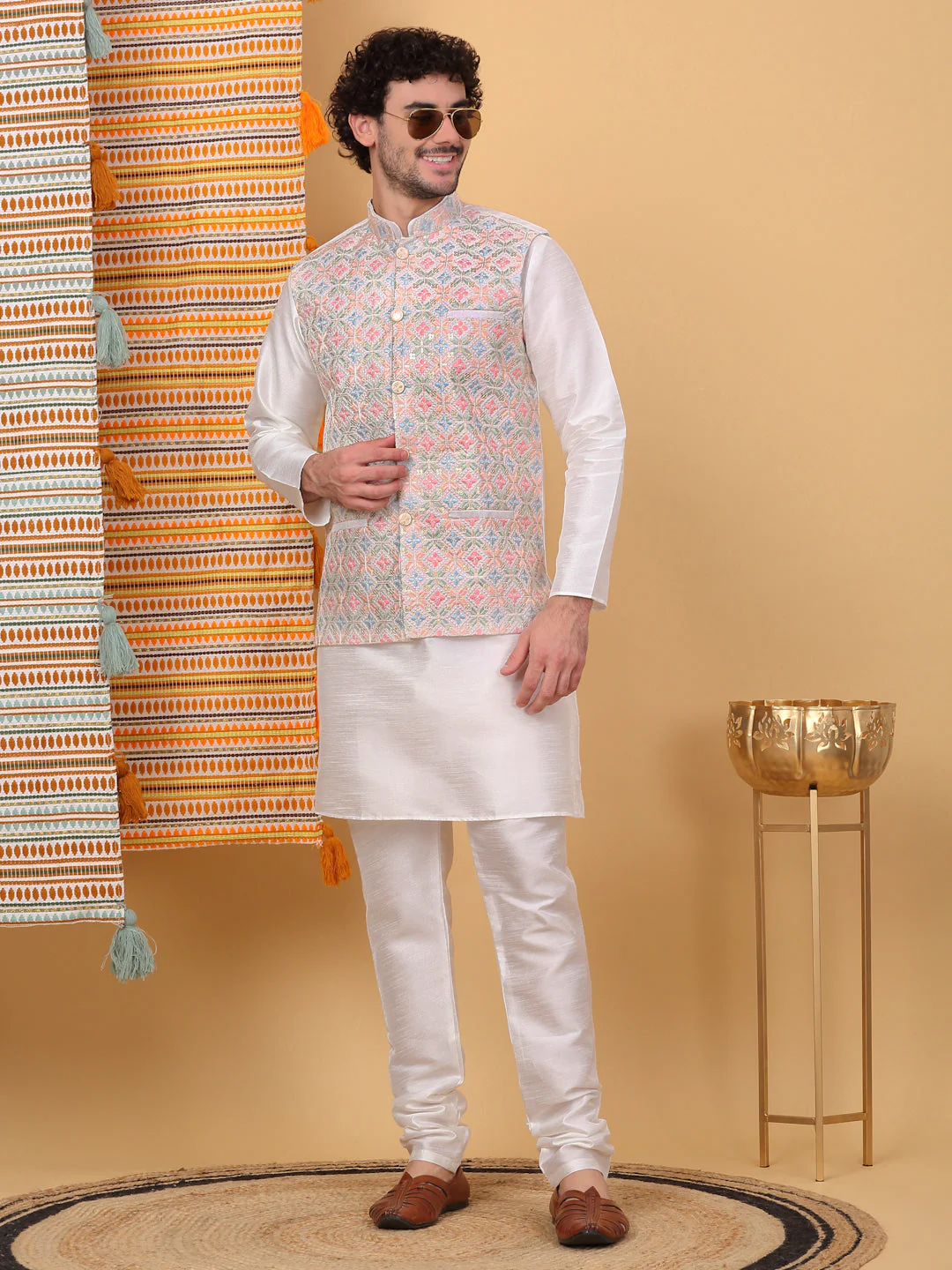 LUXE- Silk Blend Straight Kurta Churidar Set with Embroidered Floral Cream Nehru Jacket - Image 199