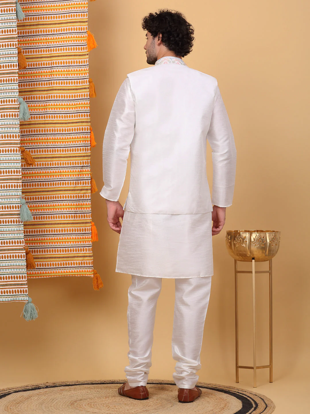 LUXE- Silk Blend Straight Kurta Churidar Set with Embroidered Floral Cream Nehru Jacket - Image 2