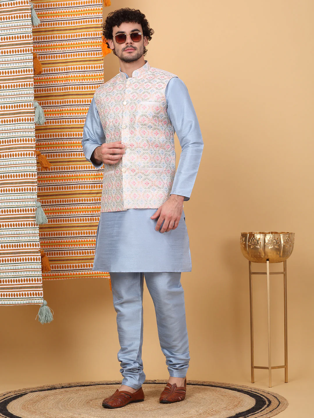 LUXE- Silk Blend Straight Kurta Churidar Set with Embroidered Floral Cream Nehru Jacket - Image 27