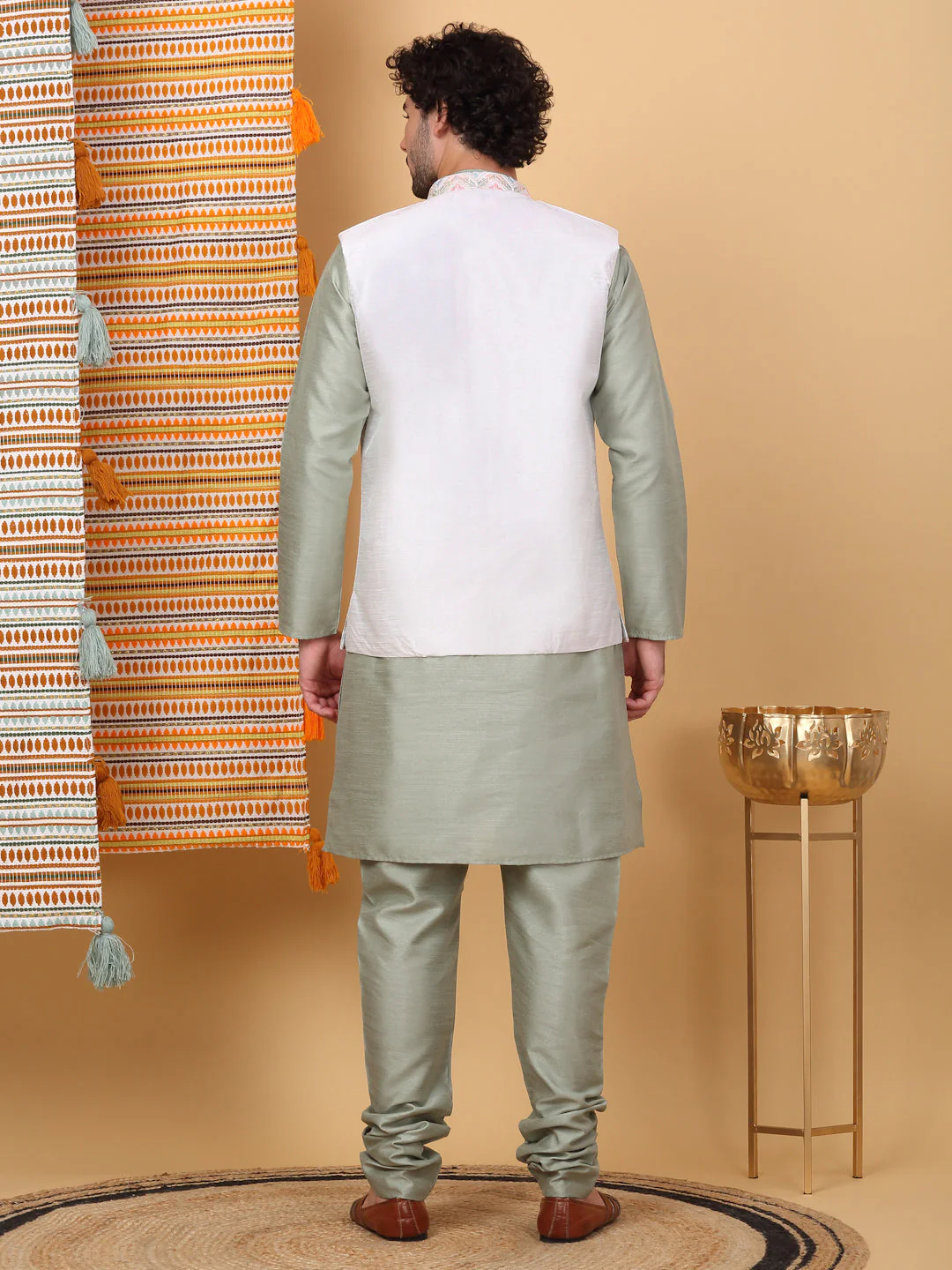 LUXE- Silk Blend Straight Kurta Churidar Set with Embroidered Floral Cream Nehru Jacket - Image 7