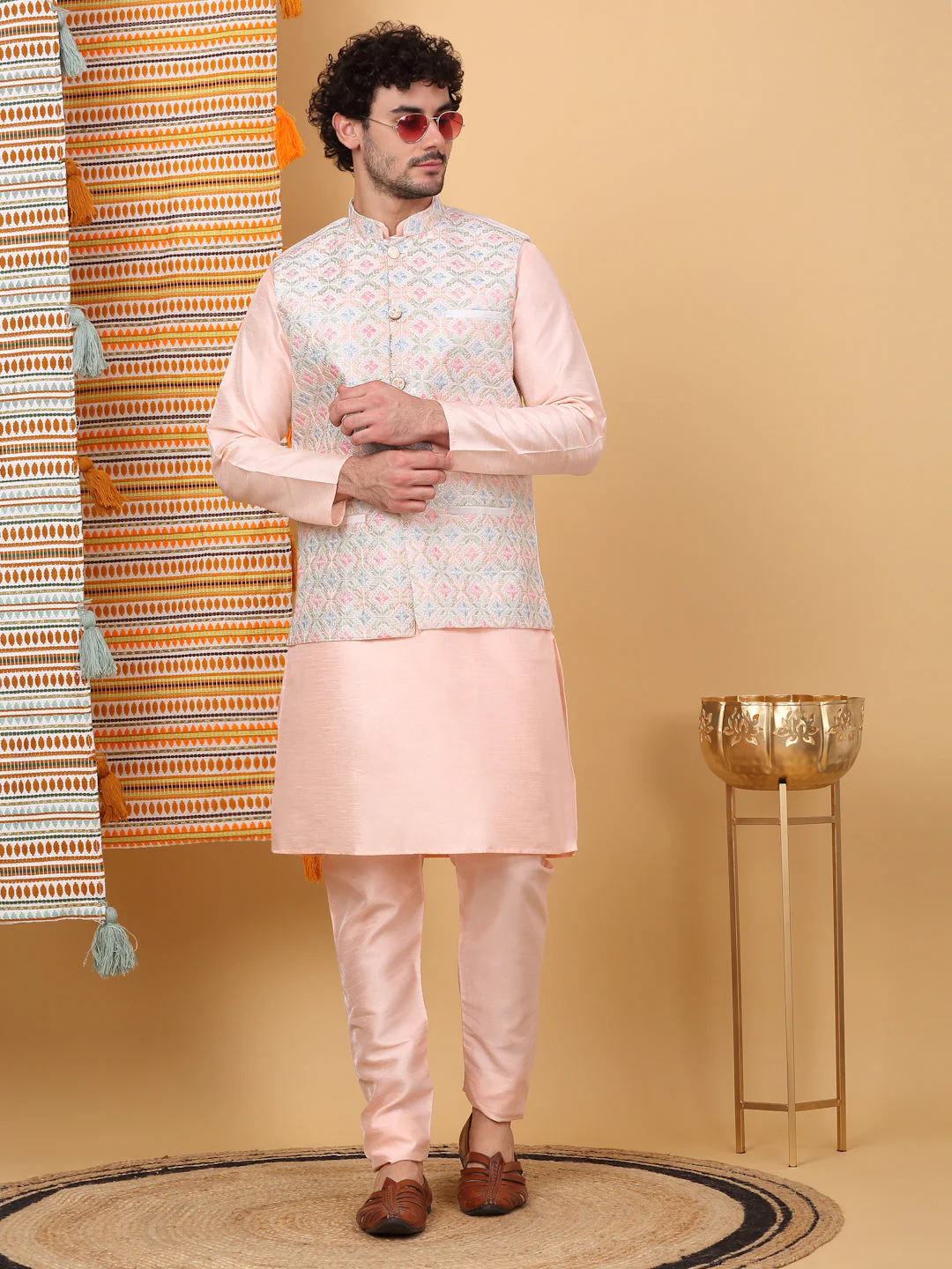 LUXE- Silk Blend Straight Kurta Churidar Set with Embroidered Floral Cream Nehru Jacket - Image 76