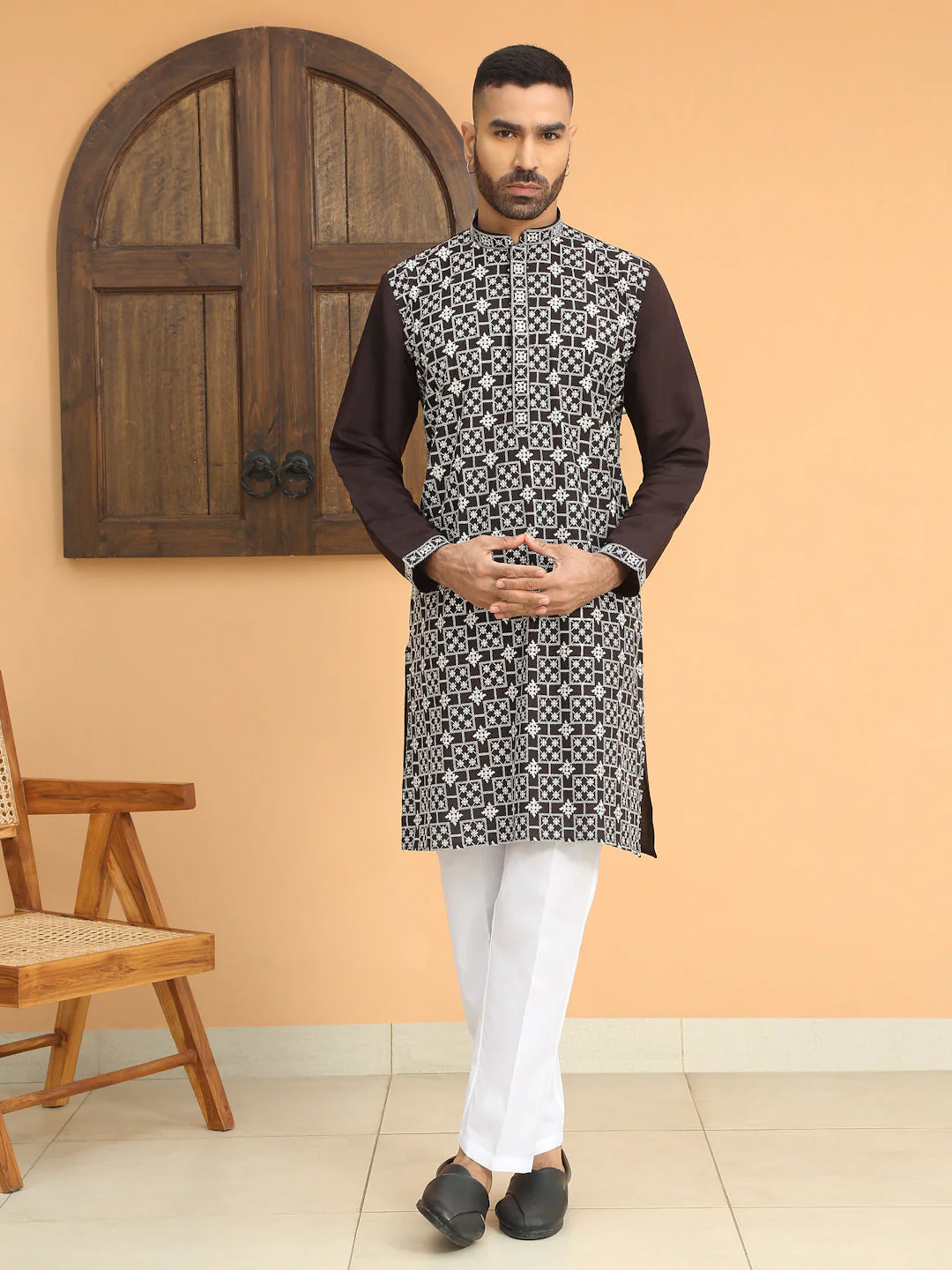 LUXE- Silk Geometric White Embroidery Kurta With Cotton White Trouser Pant