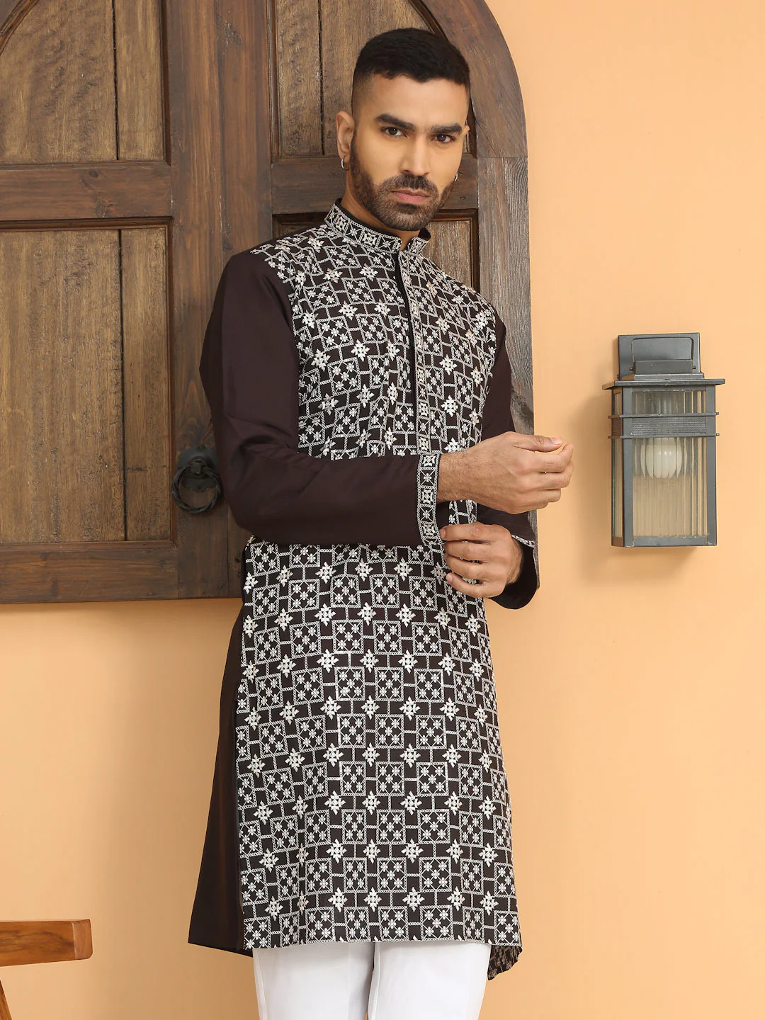 LUXE- Silk Geometric White Embroidery Kurta With Cotton White Trouser Pant - Image 5